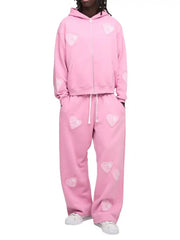 Pink Heart Patch Oversized Hoodie and Sweatpants Set