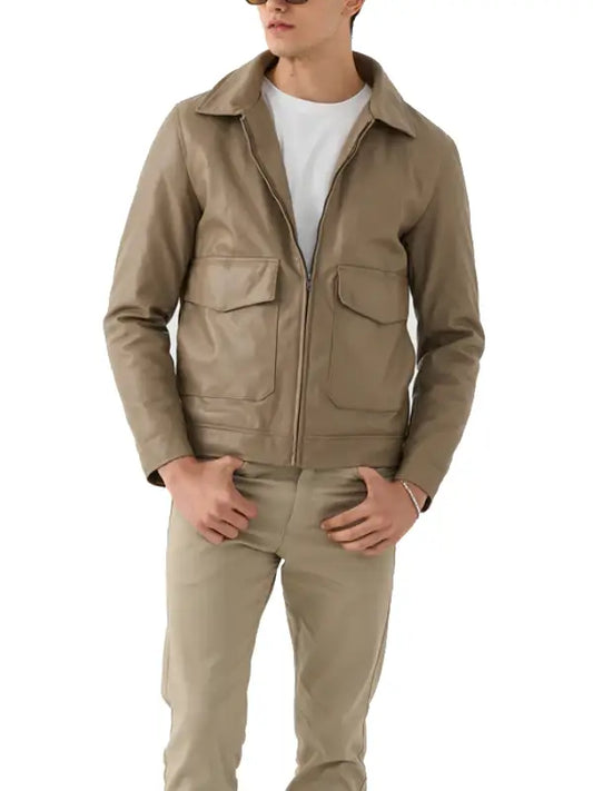 Men’s Taupe Leather Jacket with Classic Collar and Utility Pockets