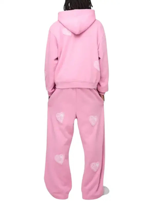 Pink Heart Patch Oversized Hoodie and Sweatpants Set