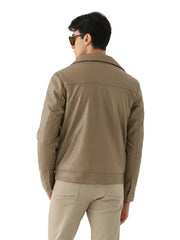 Men’s Taupe Leather Jacket with Classic Collar and Utility Pockets
