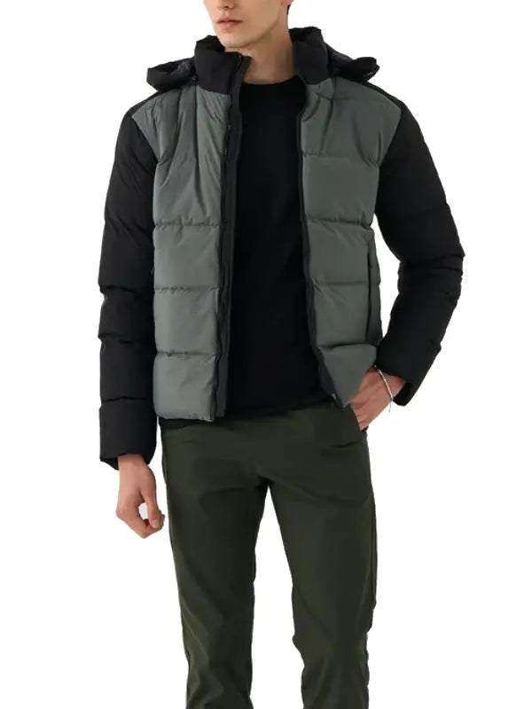 Men’s Black and Grey Hooded Puffer Jacket with Insulated Panels