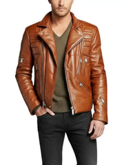 Men’s Tan Brown Quilted Leather Biker Jacket – Premium Real Leather Motorcycle Style