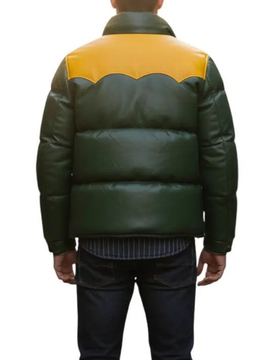 Men’s Green and Yellow Leather Puffer Jacket, Winter Insulated Outerwear by The Leather Jackets