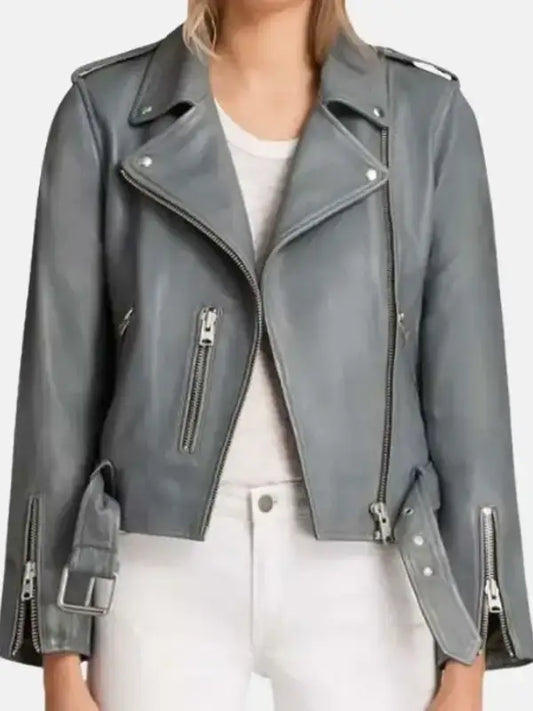 Women’s Grey Cropped Biker Leather Jacket with Asymmetrical Zip