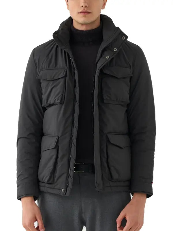 Men’s Black Utility Puffer Jacket with Stand Collar and Flap Pockets
