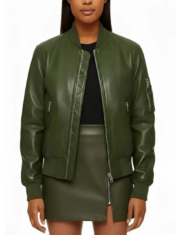 Women’s Olive Green Leather Bomber Jacket and Mini Skirt Set