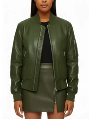 Women’s Olive Green Leather Bomber Jacket and Mini Skirt Set
