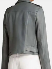 Women’s Grey Cropped Biker Leather Jacket with Asymmetrical Zip