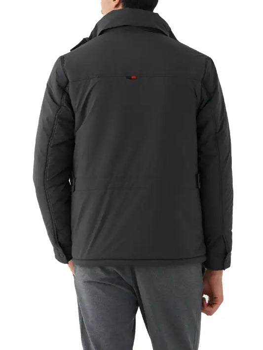 Men’s Black Utility Puffer Jacket with Stand Collar and Flap Pockets