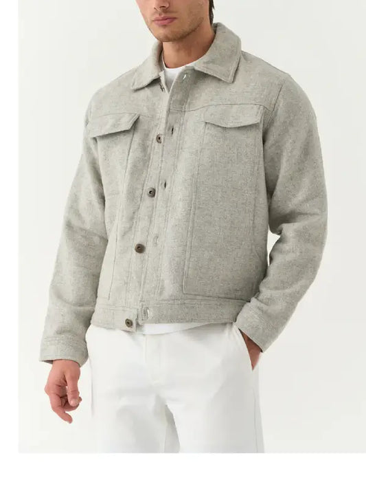 Men’s Light Grey Wool Blend Jacket with Button Front and Chest Pockets