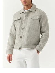 Men’s Light Grey Wool Blend Jacket with Button Front and Chest Pockets