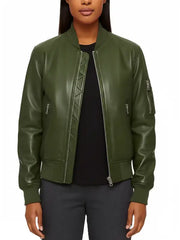 Women’s Olive Green Leather Bomber Jacket and Mini Skirt Set