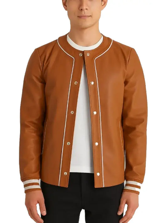 Brown Leather Varsity Jacket for Men with Contrast Ribbed Trim