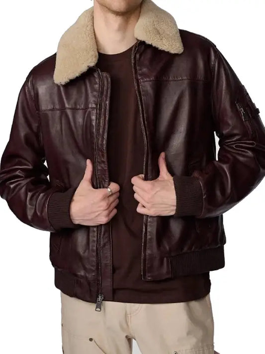 Men’s Brown Shearling Collar Leather Bomber Jacket