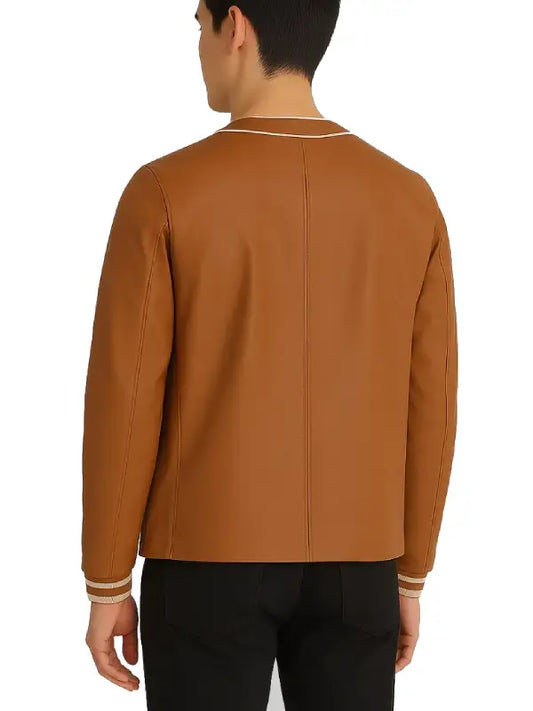 Brown Leather Varsity Jacket for Men with Contrast Ribbed Trim