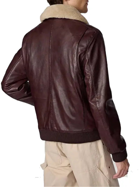 Men’s Brown Shearling Collar Leather Bomber Jacket