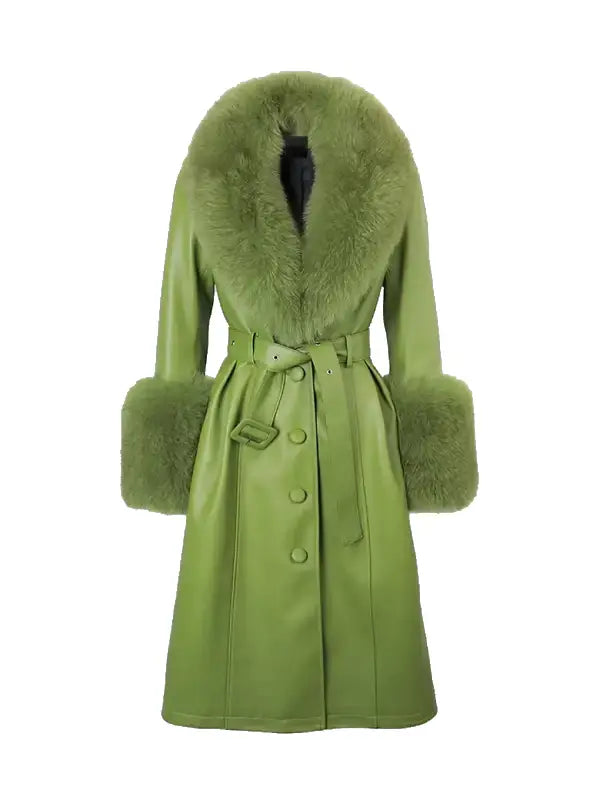 Green Leather-Look Faux Fur Trim Belted Coat for Women