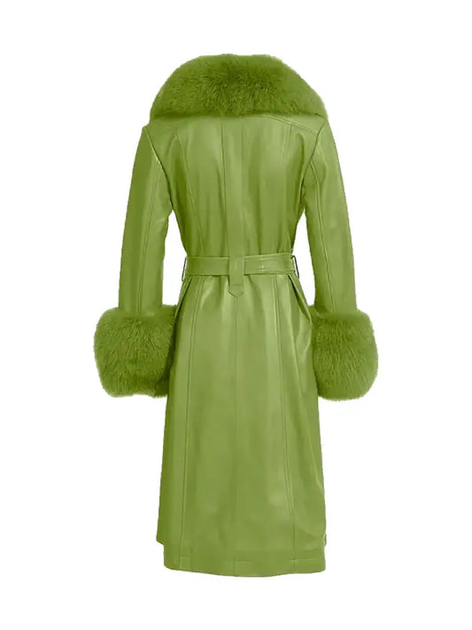 Green Leather-Look Faux Fur Trim Belted Coat for Women