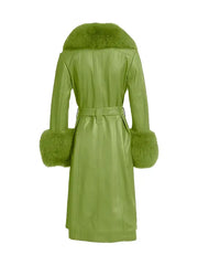 Green Leather-Look Faux Fur Trim Belted Coat for Women