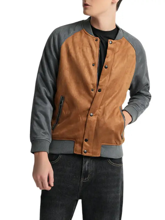Men's Brown and Grey Varsity Style Suede Bomber Jacket