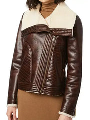 Women’s Brown Shearling Leather Jacket with Faux Fur Collar
