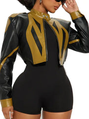 Women’s Black & Mustard Cropped Leather Moto Jacket