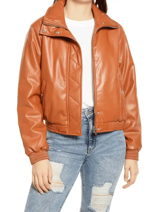 Women’s Camel Brown Leather Bomber Jacket