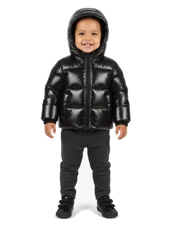 Kids Black Glossy Hooded Puffer Jacket – Lightweight Winter Warm Coat