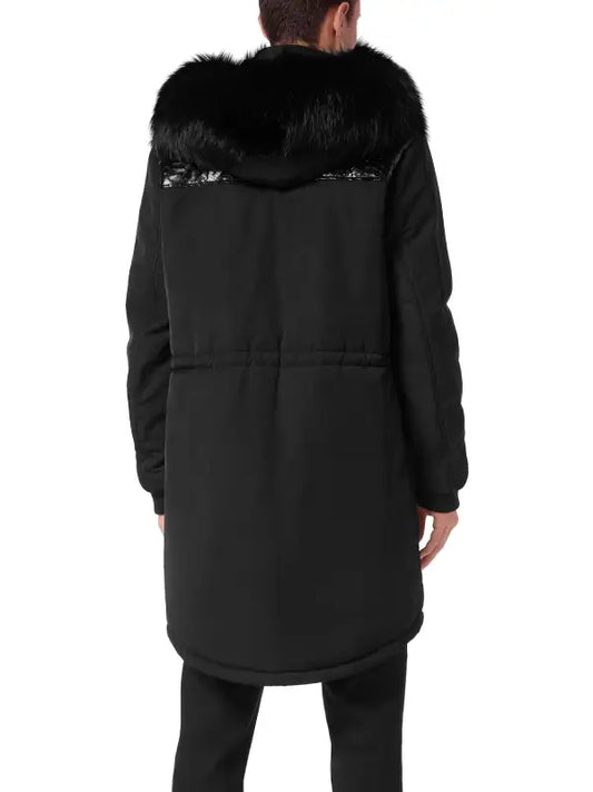 Men’s Long Black Winter Coat with Faux Fur Hood, Insulated Parka Jacket