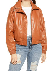 Women’s Camel Brown Leather Bomber Jacket