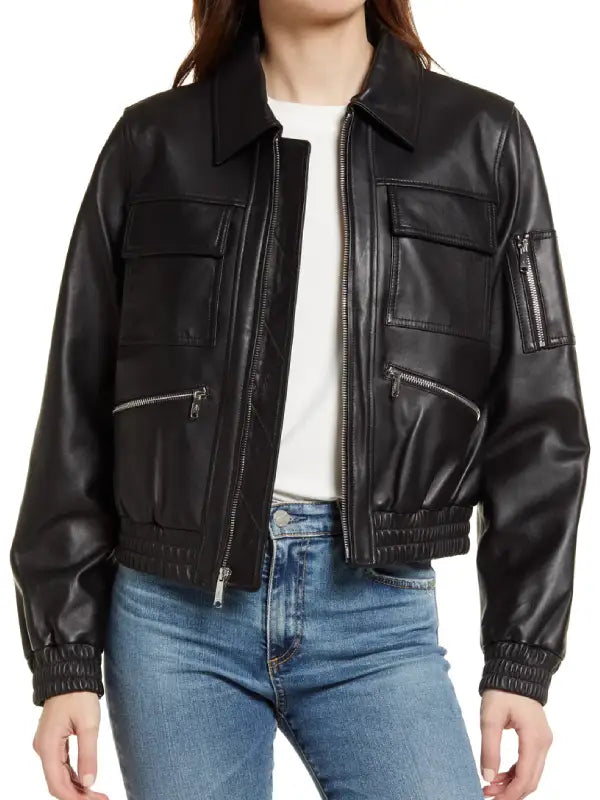 Women’s Black Leather Utility Jacket with Zip Front and Elastic Hem