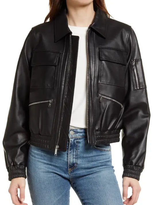 Women’s Black Leather Utility Jacket with Zip Front and Elastic Hem