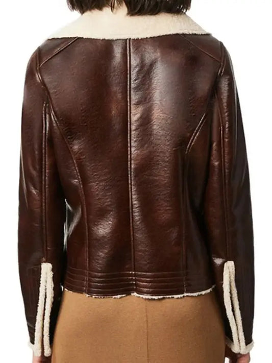 Women’s Brown Shearling Leather Jacket with Faux Fur Collar