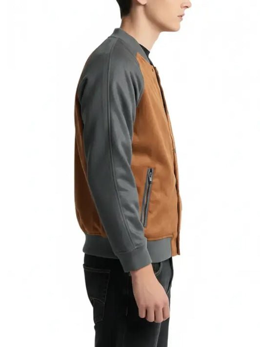 Men's Brown and Grey Varsity Style Suede Bomber Jacket