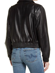Women’s Black Leather Utility Jacket with Zip Front and Elastic Hem