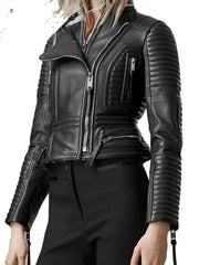 Women’s Black Quilted Leather Biker Jacket with Zipper Details