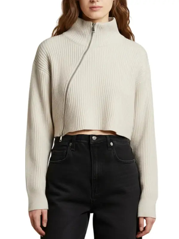 Women’s Cream Ribbed Cropped Sweater with Asymmetric Zip