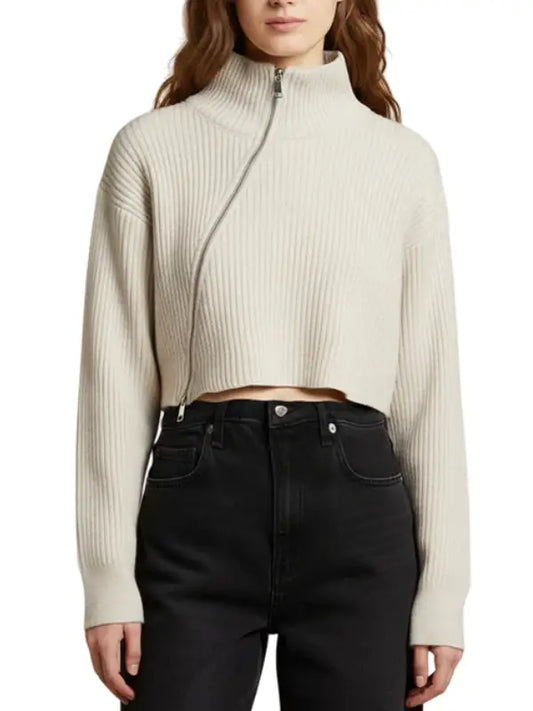 Women’s Cream Ribbed Cropped Sweater with Asymmetric Zip