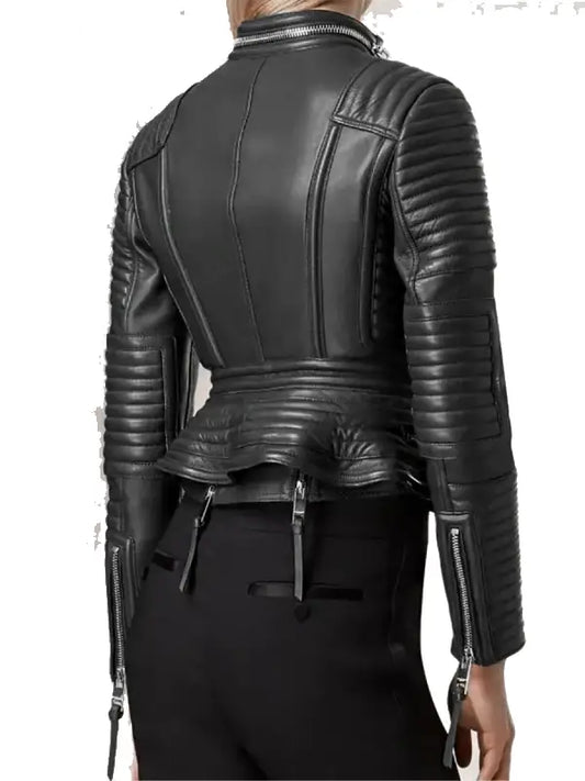 Women’s Black Quilted Leather Biker Jacket with Zipper Details