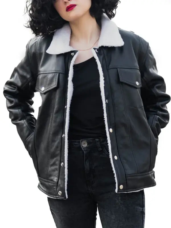 Women’s Black Shearling Lined Leather Jacket with Faux Fur Collar