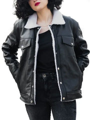 Women’s Black Shearling Lined Leather Jacket with Faux Fur Collar