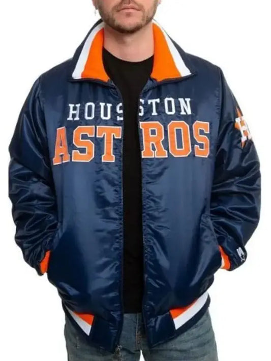 Houston Astros Blue Satin Jacket With Front Logo and Ribbed Trim