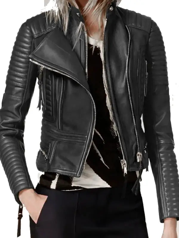 Women’s Black Quilted Leather Biker Jacket with Zipper Details