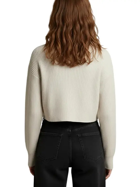 Women’s Cream Ribbed Cropped Sweater with Asymmetric Zip