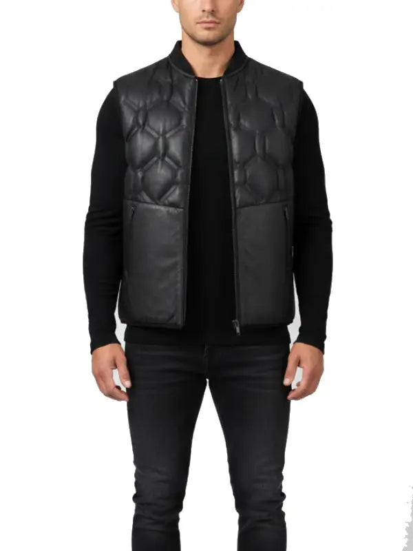 Black Quilted Leather Puffer Vest for Men