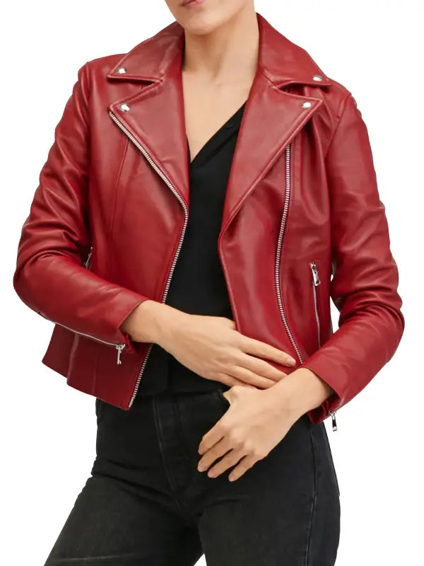 Women’s Red Leather Biker Jacket with Asymmetrical Zip and Notched Collar