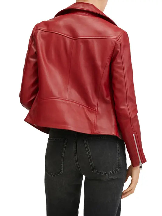 Women’s Red Leather Biker Jacket with Asymmetrical Zip and Notched Collar