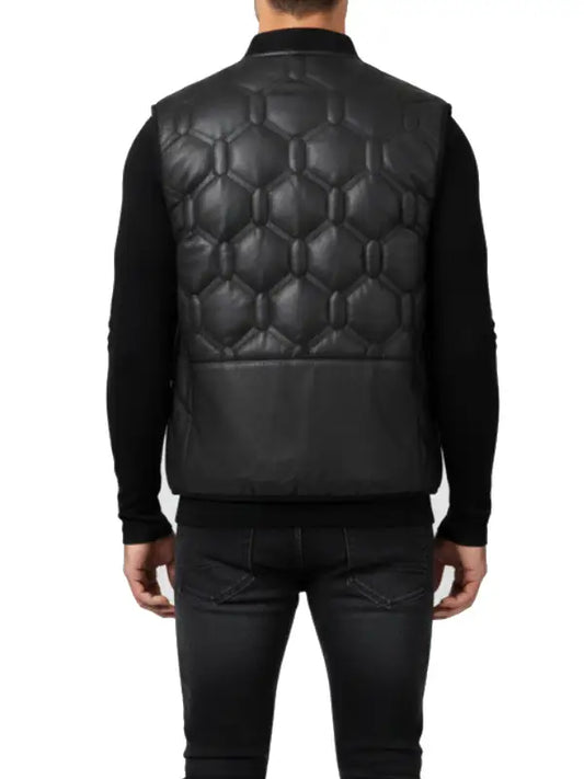 Black Quilted Leather Puffer Vest for Men