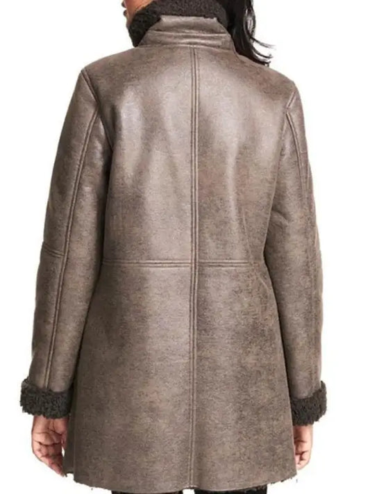 Women’s Brown Aviator Shearling Coat with Faux Fur Lining