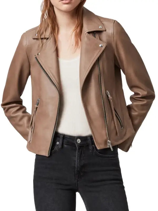 Women’s Tan Leather Biker Jacket with Asymmetrical Zip and Notched Collar